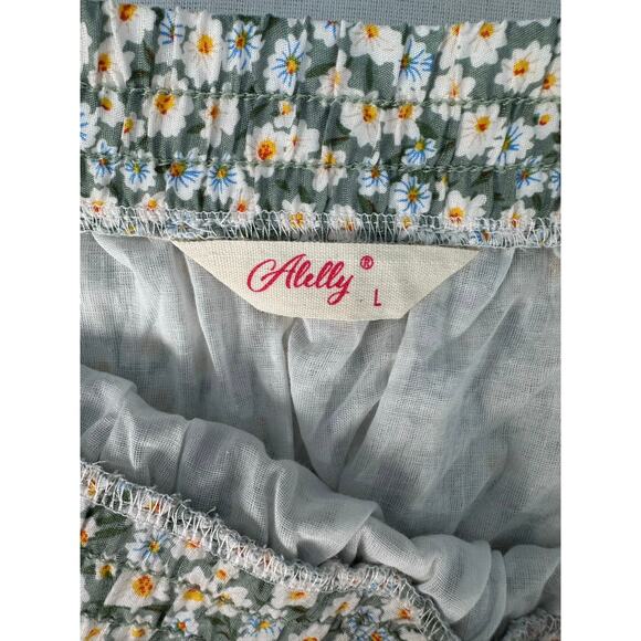 Alelly Woman’s sz L Daisy Print Green Mini Skirt Rayon Cotton Drawstring Beach - Picture 9 of 11